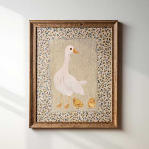 Vintage Mother Duck Print, Digital Downloadable Wall Art, Nursery Art, Abstract Vintage Painting, Cottagecore Decor, Printable Wall Art