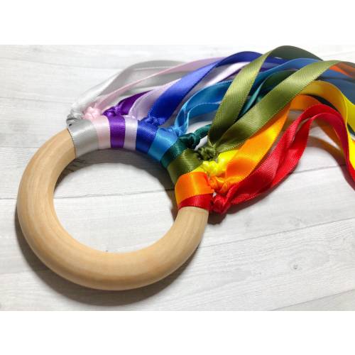 Rainbow Ribbon Wood Ring - Hand Kite - Ribbon Ring - Montessori / Waldorf