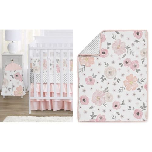 Sweet Jojo Designs Crib Bedding + Breathablebaby Breathable Mesh Liner Girl Watercolor Floral Pink Grey And White - 6pcs