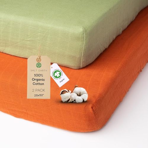 100% Organic Cotton Muslin Standard Fitted Crib Sheet for Boys, Girls & Toddlers – 52"x28", 2 Pack Soft Breathable Natural Cotton Mattress Bed Sheets, Neutral Crib Sheet (Green & Rust)