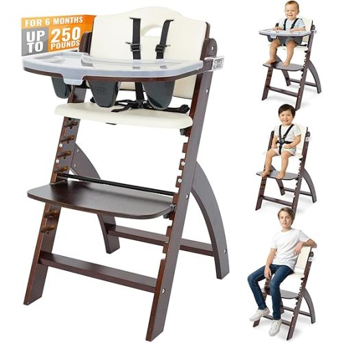 Abiie Beyond Junior Wooden High Chair for Babies and Toddlers - Convertible 3-in-1 Baby Highchair with Removable Tray - 6 Months to 250 Lb - Water Resistant - Mahogany Wood/White Cushion