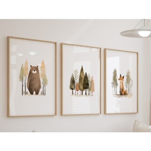 Woodland Forest Nursery Wall Art Baby Boy Girl Kid Room Decor, Cute Bear Fox Mountain Nature Wildlife Animals, Print Set Canvas Shower Gift