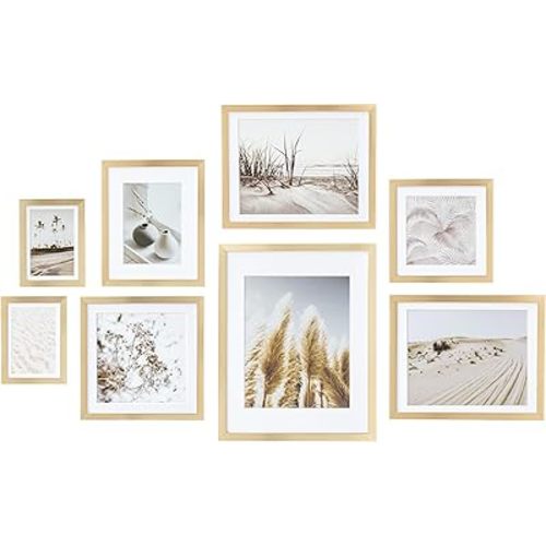 ArtbyHannah Gallery Wall Frame Set, 8 Pack Picture Frames Collage Wall Decor with Neutral Pampas Grass Art for Living Room, Assorted Size Including 11"x14", 8"x10", 5"x7"(Gold Frame)