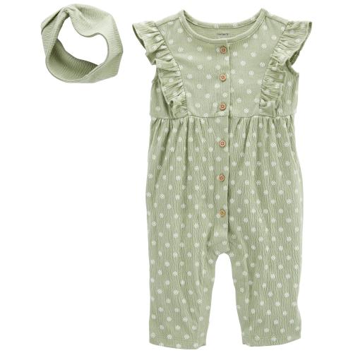 Baby 2-Piece Crinkle Jersey Jumpsuit & Headwrap Set - 3M - Style,Sage