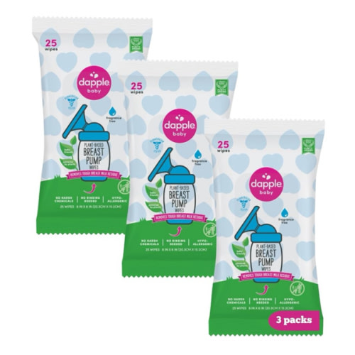 Breast Pump Wipes by Dapple Baby, Hypoallergenic & Powered by Plants, Removes Milk Residue, Leaves No Taste, Convenient Wipes Pouch, Fragrance Free, 25 Count (Pack of 3)