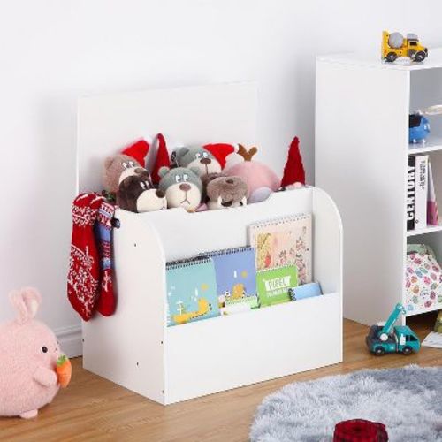 Kids Storage Bench Organizer, 2-Bin Toy Box & Bookshelf Combo for Playroom, Nursery, Bedroom – Easy-Clean Surface