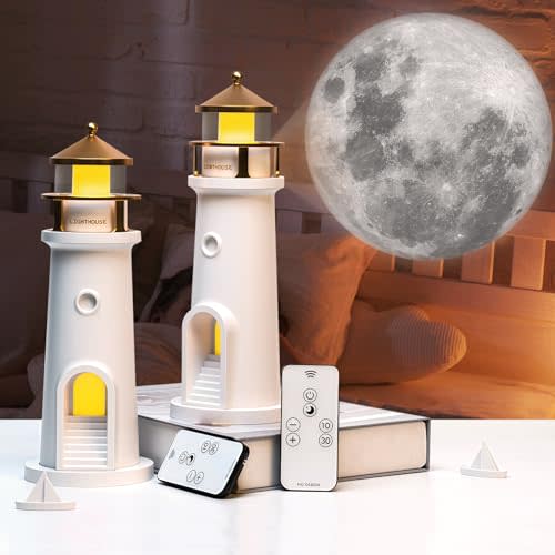 AEMYNOUZ 2-Pack Wireless Moon Lamp Projector Night Light, Rechargable Remote Control Dimmable Lighthouse Decor with Timer, LED Table Lamp for Nursery Kids Children Bedroom, Birthday Gifts (Remote)