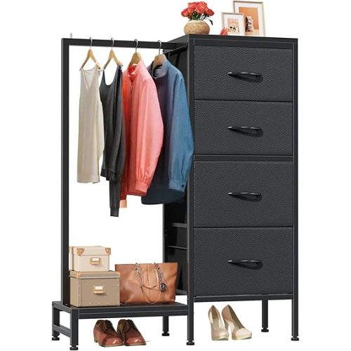 HIGDBFE Dresser with Hanging Rack, 4 Drawers Small Closet for Bedroom, Reversible Fabric Kids Chest of Drawers with Clothes Rack, Tall Storage Tower, Sturdy Frame, Black, 44''H