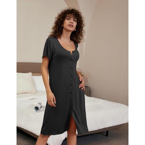 Ekouaer Women's Nightshirt Short Sleeve Button Down Nightgown V-Neck Sleepwear Pajama Dress