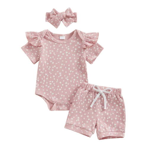 LNMQLPDBS Baby Girl Clothes Summer Newborn Outfits Floral Ruffle Short Sleeve Romper Bodysuit + Drawstring Bloomers Shorts + Bow Headband 3pcs Infant Summer Outfits Set