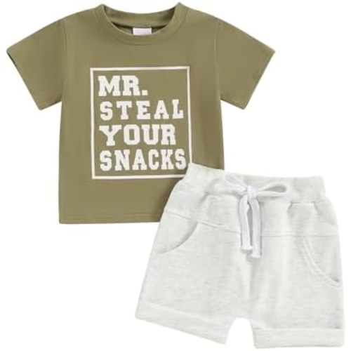Toddler Baby Boy Summer Clothes Short Sleeve Letter Print Stripe T-Shirt with Elastic Waist Shorts Set Summer Outfit