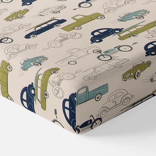 Cotton Baby Fitted Crib Sheet Vintage Retro Cars Trucks Motorcycles Racing Automobiles Boys Girls Nursery Blue and Green
