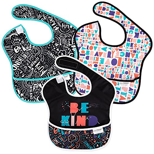 Bumkins Bibs for Girl or Boy, SuperBib Baby and Toddler for 6-24 Months, Essential Must Have for Eating, Feeding, Baby Led Weaning Supplies, Mess Saving Catch Food, Fabric 3-pk Born This Way Be Kind