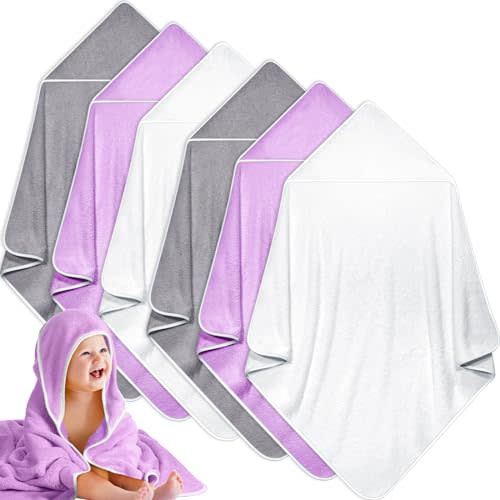 Chumia 6 Pack Baby Bath Towel Coral Fleece Soft Absorbent Newborn Hooded Towel for Kid 30 x 30 Inch Toddler Bath Blanket for Babies Infant Shower Gift(Grey/Beige/Purple)
