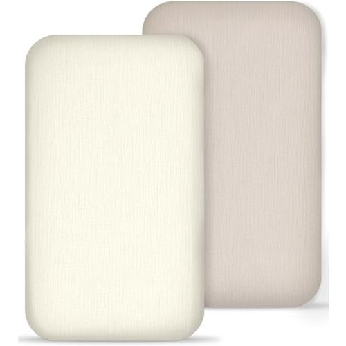 Muslin Bedside Bassinet Sheets 2 Pack, 33x20 Fitted Ultra Soft & Breathable Bedside Sleeper Sheets, Ideal for Baby Girl and Boy, Perfect for Newborns (Beige & Cream)
