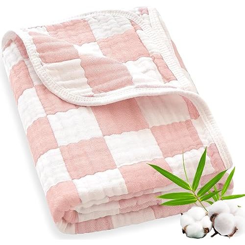 Muslin Swaddle Blankets Neutral, Baby Swaddling Wrap Nursery Blanket for Boys & Girls Unisex, Soft 70% Cotton and 30% Rayon, Large 43 x 43 inches Light Pink Chessboard