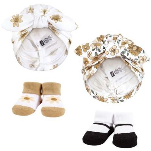 Hudson Baby Infant Girls Turban and Socks Set, Golden Daisy Outline, One Size