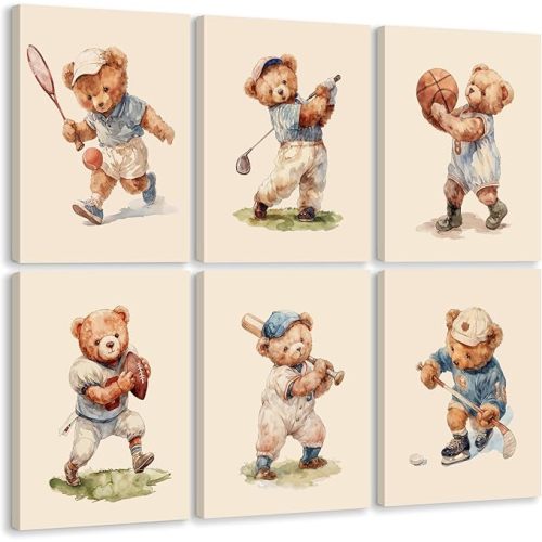 Nursery Bear Wall Art Boy Sports Canvas Wall Decor Baby Nursery Prints Vintage Teddy Bear Poster Boy Room Wall Art Kids Animal Pictures Bear Painting for Bedroom Playroom 12x16x6 Inch Ready to Hang