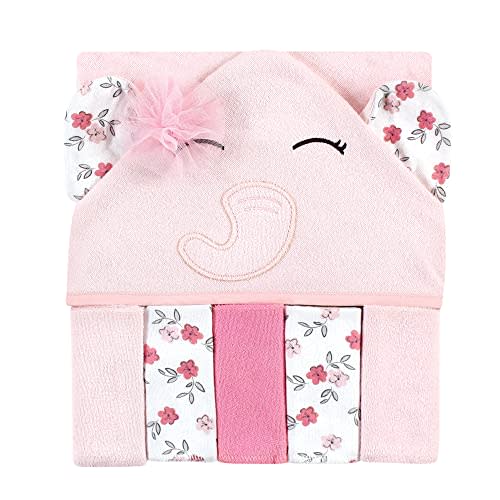 Hudson Baby Unisex Baby Hooded Towel and Five Washcloths, Floral Pretty Elephant, One Size