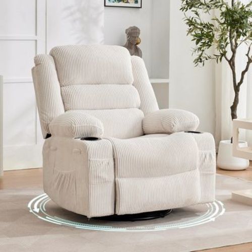 360° Swivel Recliner Chair for Adult, Linen Rocker Chair with 3 Positions/2 Side Pockets/Cup Holders, Manual Nursery Glider Rocking Chair