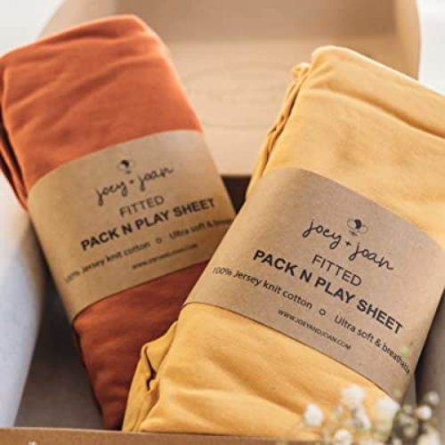 Travel Crib Fitted Sheets for Baby Bjorn, Guava Lotus Travel Crib and 24 x 42 Inch Travel Light Playard Mattress – Snuggly Soft 100% Jersey Cotton – Mustard Yellow + Burnt Orange – 2 Pack