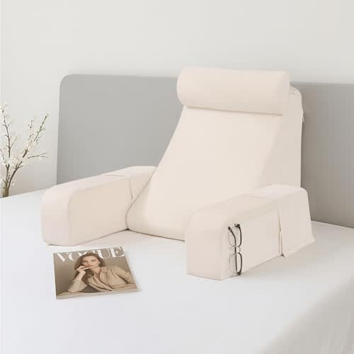 Breastfeeding Pillow for Bed Sitting up, Big Pockets and Washable Removable Cover, Reading Chair for Watching TV/Reading/Gaming/Resting in Bed, Couch or Floor, Medium(Ivory)