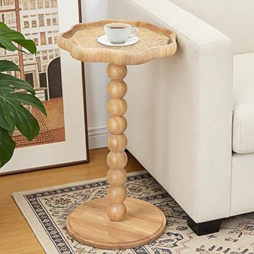 Drink Table, Boho Rattan Flower Small Side Table for Small Spaces, Solid Wood Modern Nightstand for Living Room, Bedroom, Farmhouse, Corners