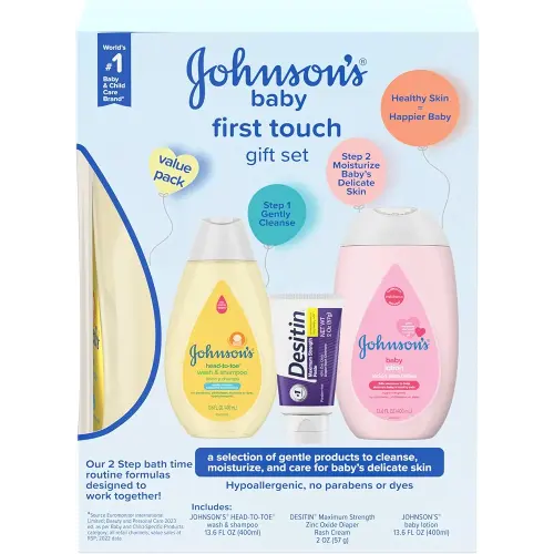 Johnson's First Touch Baby Gift Set, Baby Bath, Skin & Hair Essential Products, Kit for New Parents with Wash & Shampoo, Lotion, & Diaper Rash Cream, Hypoallergenic & Paraben-Free, 4 items