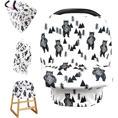 Stretchy Baby Car Seat Cover for Baby Boys and Girls,Multiuse - Nursing Breastfeeding Covers,Shopping Cart/High Chair/Stroller Covers,Infinity Scarf,Car Seat Canopies(Ink Bear)