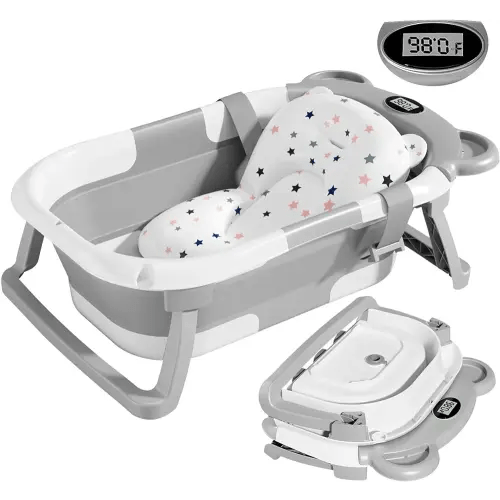 TPN Collapsible Baby Bathtub for Infants to Toddler with Real-time Temp Monitor+Floating Cushion,Foldable Baby Bath Tub Set Applicable 0-36 Month,Perfect Portable Travel Baby Tub for Newborns Boy