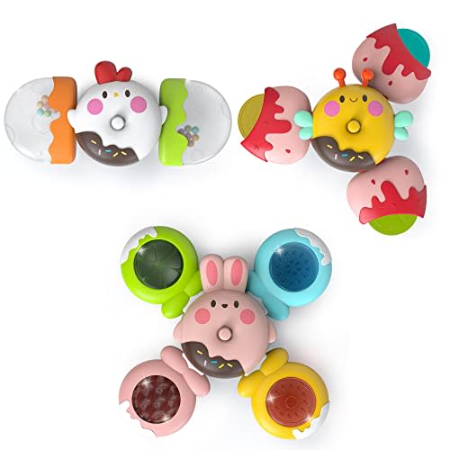LiKee Strong Suction Cup Fidget Rotating Sensory Bath Toys for Baby 12 18 Months Airplane Car Travel Table & Window Toys for 1 2 Years Old Toddler Boys and Girls (Candy)