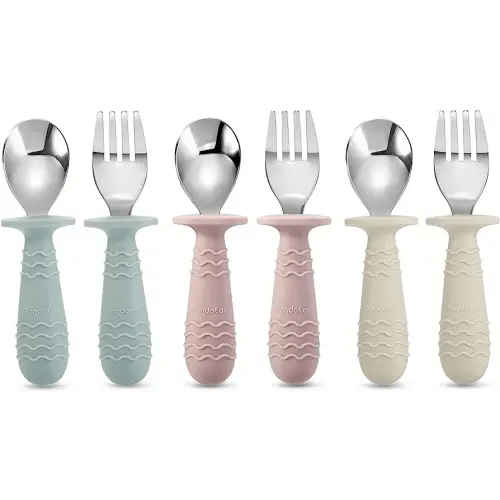 PandaEar 6 Pieces Baby Toddler Silicone Stainless Steel Utensils Silverware Spoon Fork for Baby Toddler BPA Free with Silicone Holding Anti-Choke Design