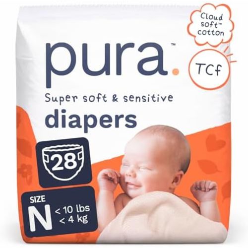 Pura Newborn Baby Diapers - Size N (Up to 10 lbs), 28 Count, Cloud Soft Disposable Diapers for Sensitive Skin, Totally Chlorine Free, Blowout Blocker & Wetness Indicator