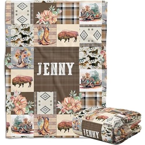Baby Western Stuffs, Western Baby Blanket, Personalized Baby Blankets for Girls, Cowboy Baby Blanket Name, Custom Name Baby Blankets Girl, Swaddle Blanket with Cow Prints for Crib Stroller Bed Travel