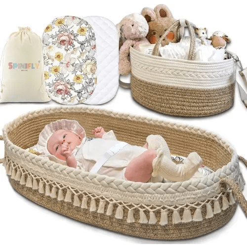 Baby Changing Basket Set w. Diaper Caddy Organizer Macrame Boho Moses Basket for Babies, Handmade 100% Cotton Rope, Woven Portable Nursery Decor Waterproof Pad & Floral Pad