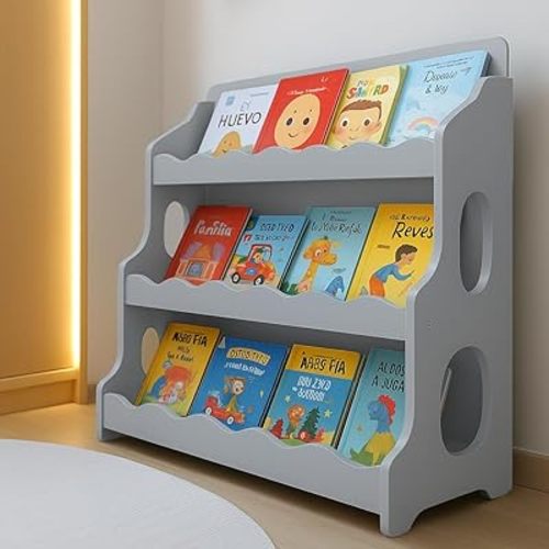Kids Book Shelf Wooden Montessori Bookshelf Dutch Design 3Tier Scalloped,TranquilGrey