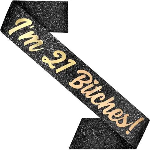 PartyForever 21st Birthday Decoration Sash for Women I'm 21! Black 33.5 inch Long with Rose Gold Letters for Her
