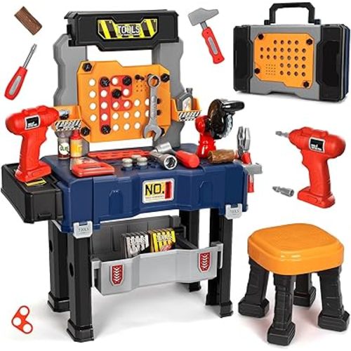 Kids Tool Bench Set with Electric Drill and Chair,Construction Workbench Toys for Toddlers 3-5,Kids Tool Play Set,Multifunctional Transformable Toolbox,Boy Gift for 3 4 5 Years Old