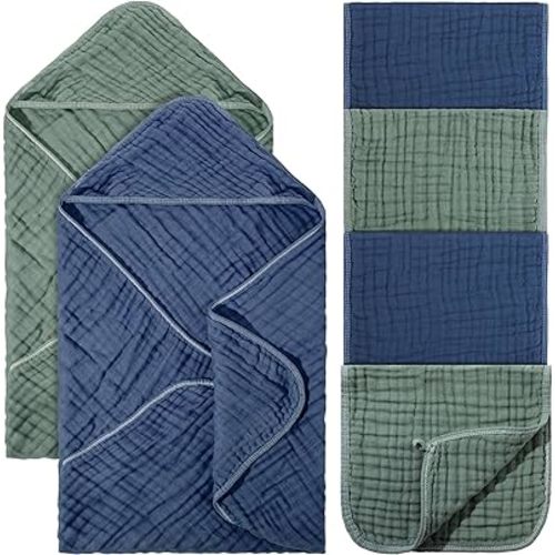 6 Pcs Baby Muslin Hooded Bath Towels and Washcloths, 32 x 32 Inch Muslin Cotton Hooded Baby Towels Absorbent Hooded Blankets for Gift Newborn Infant Baby Shower (Green,Blue)