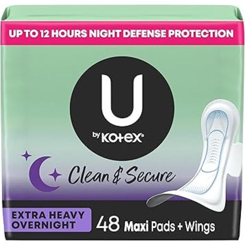 U by Kotex Clean & Secure Overnight Maxi Pads with Wings, Extra Heavy Absorbency, 48 Count (2 Packs of 24) (Packaging May Vary)