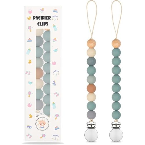 Pacifier Clips, 2PCS Baby Silicone Pacifier Clip for Boy Girl Soother Clips with Silicone Beads, 100% Food Grade Pacifier Holder for Newborn Essentials Gifts (Blue)
