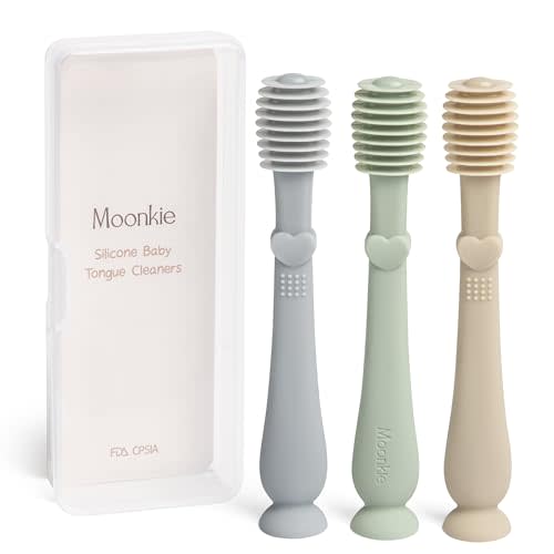 Moonkie Baby Tongue Cleaner, Toddler Toothbrush, Baby Oral Cleaner Newborn Kit for 3 Months+, 3 Pcs (Blue/Mint/Sand)