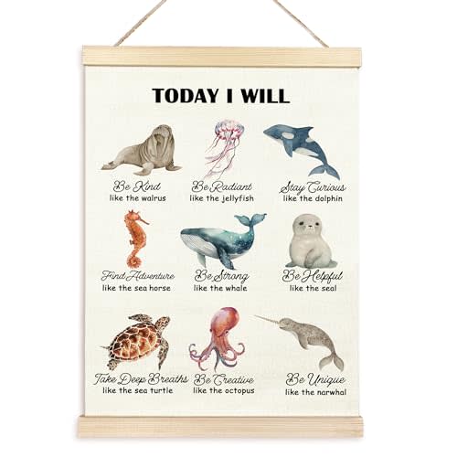 TAEDIN Ocean Animals Affirmation Poster Hanger Frame, Inspirational Quotes Wood Wooden Canvas Artwork Print Hanging Sign for Girls Boys Nursery Bedroom Playroom Toddler Kids Room Decor 12X16