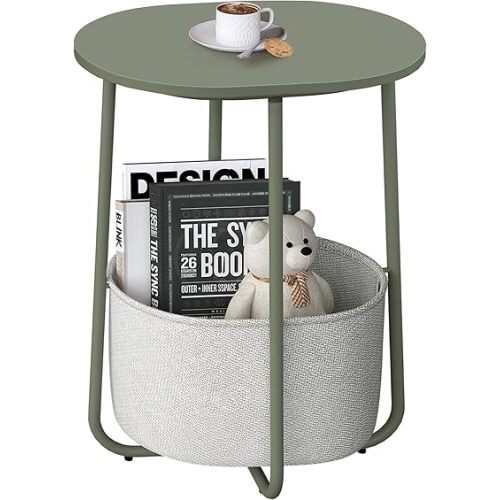 TUTOTAK Small Side Table, Oval End Table, Night Stand, Bedside Table, Sofa Table with Cloth Storage Basket, Living Room, Bed Room, Olive Green TB01BOG063