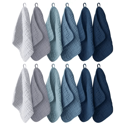 12 Pack Muslin Washcloths for Baby - 100% Cotton Baby Wash Cloths for or Baby Face Body Comfy and Soft for Newborn Infants Kids Girls and Boys - 12"x12" - Slate, Grey and Navy Series