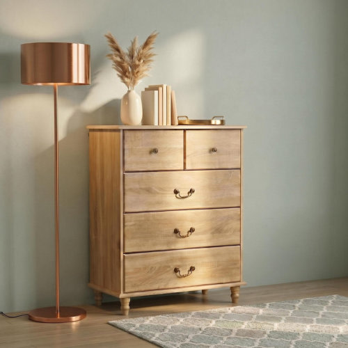 Ebern Designs Farmhouse 5 Drawer Dresser, Light Oak | Wayfair