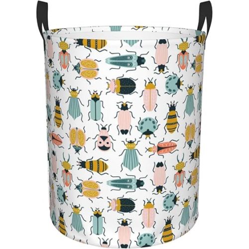 Colorful Insects Print Laundry Basket Circular Laundry Hamper With Handles Waterproof Dirty Clothes Storage Basket For Bedroom Bathroom Dorm Living Room-Small