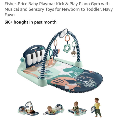 Fisher-Price Baby Playmat Kick & Play Piano Gym with Musical and Sensory Toys for Newborn to Toddler, Navy Fawn