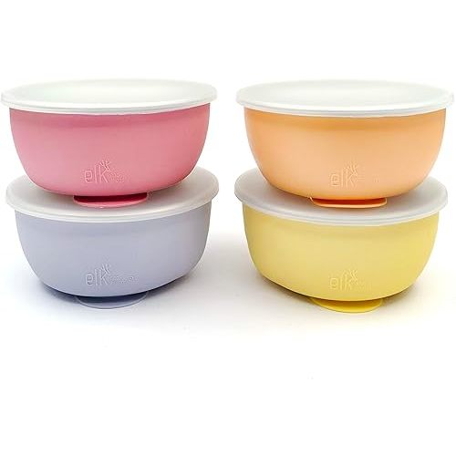 Elk and Friends Stainless Steel Bowls with Silicone Sleeve for Babies & Toddlers | Lids Included | Stay Put Suction | Cereal & Snack Bowls | 4 Pack