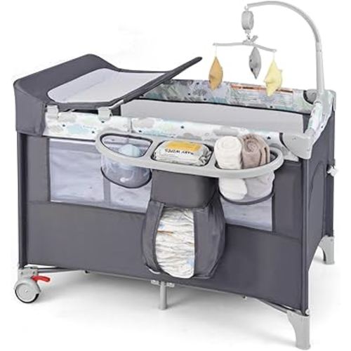 BABY JOY 5-in-1 Pack and Play, Portable Baby Bedside Sleeper with Bassinet, U-Shaped Diaper Changer, Safety Strap, Side Zipper Entrance, Hangings, Bedside Crib Playard from Newborn to Toddlers (Gray)